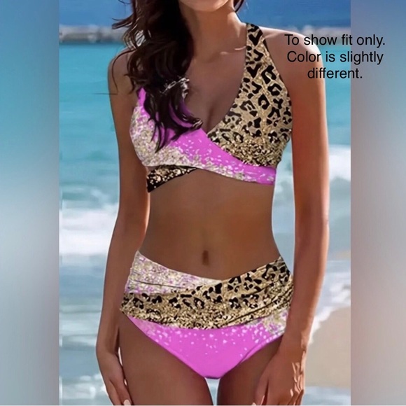 NWOT Fashion Womens 2pc Pink Leopard Print Surprise V-Neck Bikini Set Size 2XL - Picture 8 of 14